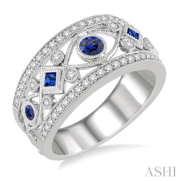 1/3 Ctw Round Cut Diamond and Princess & Round Cut Sapphire Precious Band in 14K White Gold